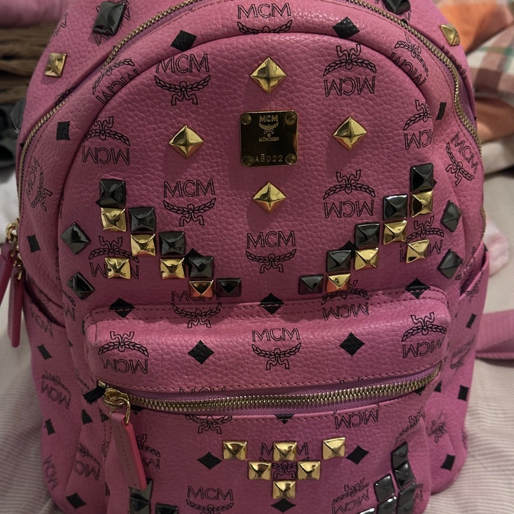 MCM Pink Backpack with Gold and Black Studs